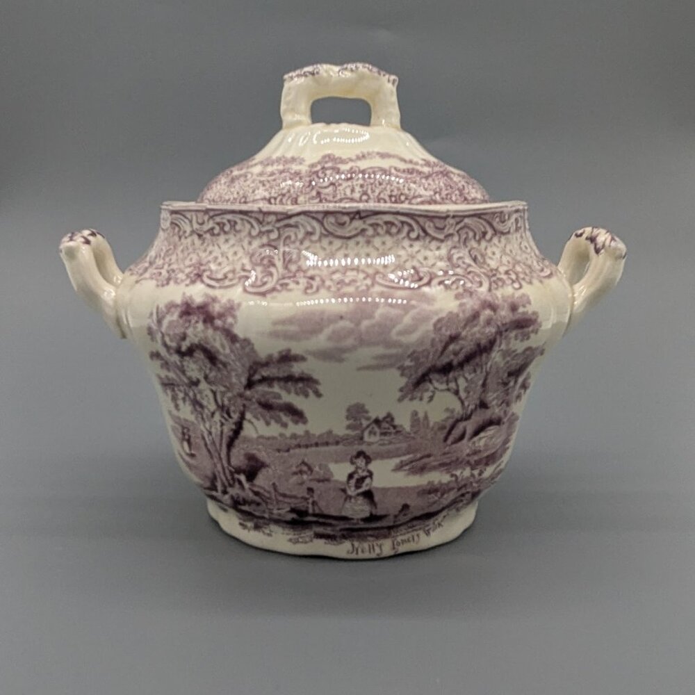 Vintage Or Antique Ridgway Humphrey's Clock Purple Covered Dish Bowl Sugar Bowl
